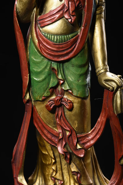 18"Tibetan Temple Collection Old Bronze Painted Mahasthamaprapta Standing Buddha Double Lotus Platform Worship Hall Town house
