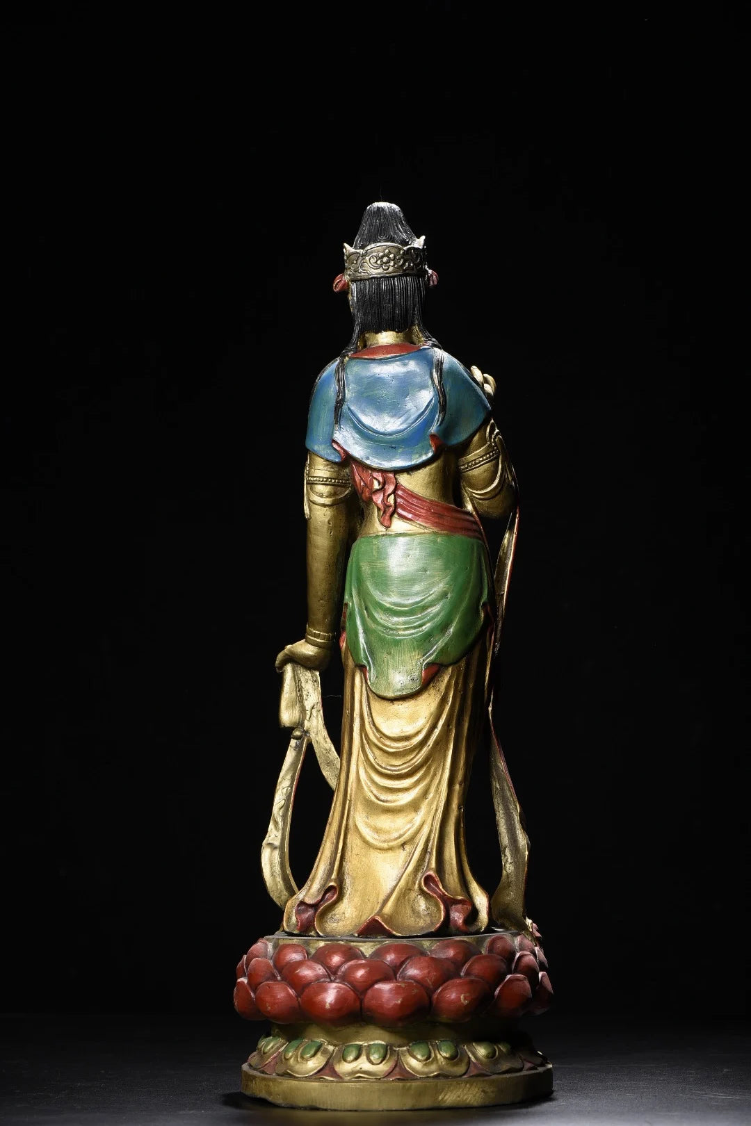 18"Tibetan Temple Collection Old Bronze Painted Mahasthamaprapta Standing Buddha Double Lotus Platform Worship Hall Town house