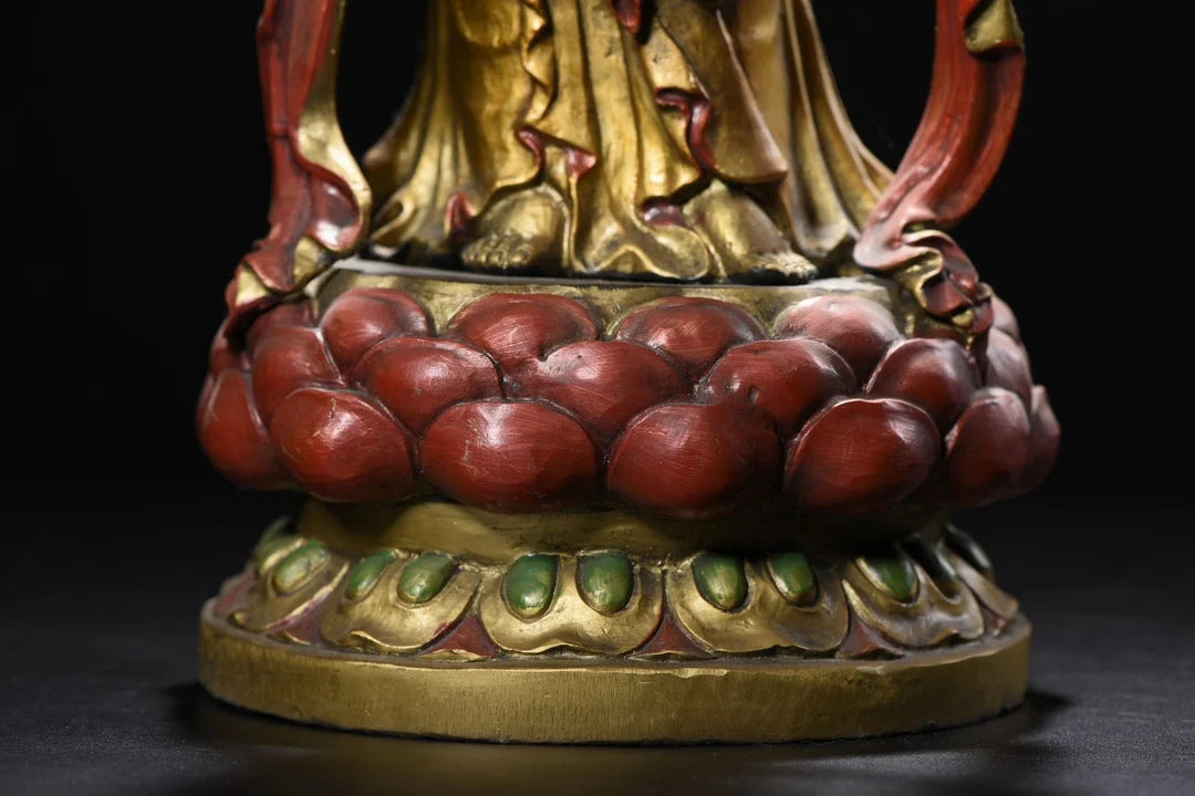 18"Tibetan Temple Collection Old Bronze Painted Mahasthamaprapta Standing Buddha Double Lotus Platform Worship Hall Town house