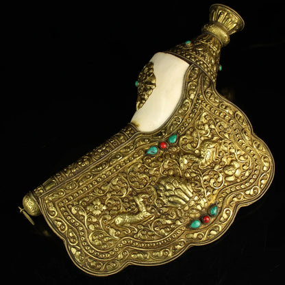 18"Tibetan Temple Collection Old Natural Conch Tibetan silver Gilt Gem beast pattern river snail conch magic weapon Town House
