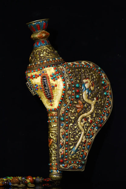 18"Tibetan Temple Collection Old Natural Conch mosaic Gem Dragon Conch river snail Pendant Amulet Dharma Town house