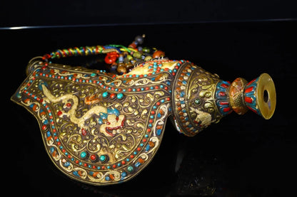 18"Tibetan Temple Collection Old Natural Conch mosaic Gem Dragon Conch river snail Pendant Amulet Dharma Town house