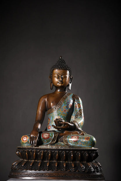 18"Tibetan Temple Collection Old Purple Bronze Cloisonne Enamel Shakyamuni Amitabha lotus platform Sitting Buddha Exorcism
