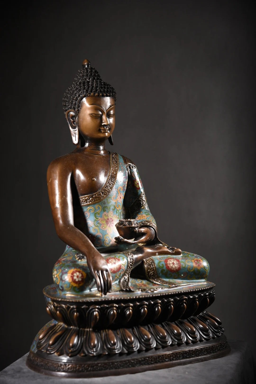 18"Tibetan Temple Collection Old Purple Bronze Cloisonne Enamel Shakyamuni Amitabha lotus platform Sitting Buddha Exorcism