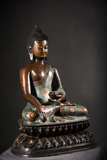 18"Tibetan Temple Collection Old Purple Bronze Cloisonne Enamel Shakyamuni Amitabha lotus platform Sitting Buddha Exorcism