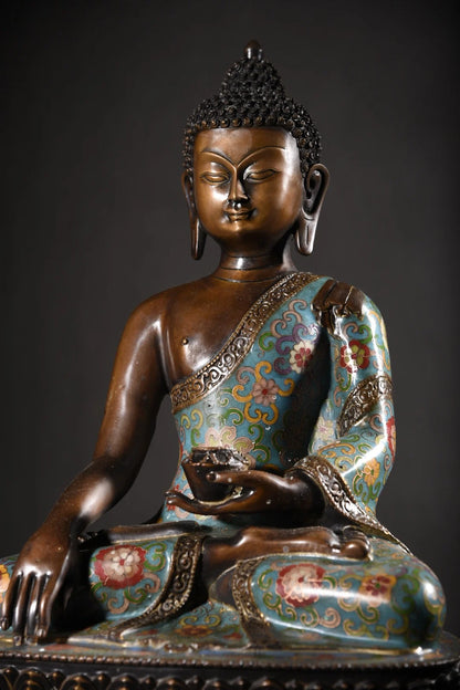18"Tibetan Temple Collection Old Purple Bronze Cloisonne Enamel Shakyamuni Amitabha lotus platform Sitting Buddha Exorcism