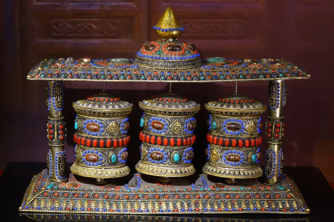 18"Tibetan Temple Collection Old Tibetan silver mosaic Gem Dzi Bead Three layers Prayer Wheel Chanting Buddhist artifact Town Ho