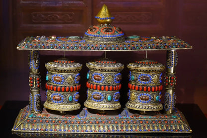 18"Tibetan Temple Collection Old Tibetan silver mosaic Gem Dzi Bead Three layers Prayer Wheel Chanting Buddhist artifact Town Ho