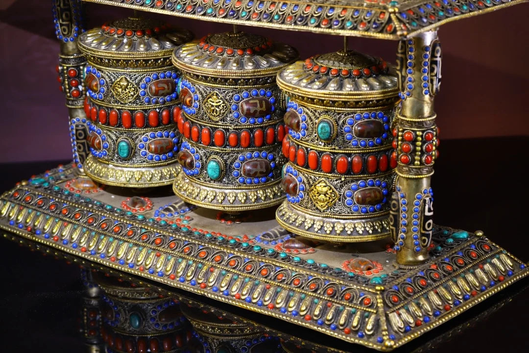 18"Tibetan Temple Collection Old Tibetan silver mosaic Gem Dzi Bead Three layers Prayer Wheel Chanting Buddhist artifact Town Ho