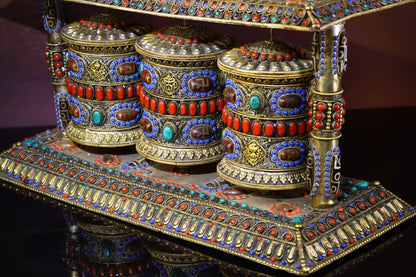 18"Tibetan Temple Collection Old Tibetan silver mosaic Gem Dzi Bead Three layers Prayer Wheel Chanting Buddhist artifact Town Ho