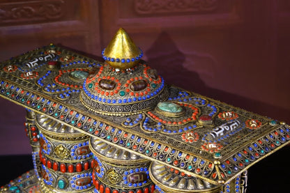 18"Tibetan Temple Collection Old Tibetan silver mosaic Gem Dzi Bead Three layers Prayer Wheel Chanting Buddhist artifact Town Ho