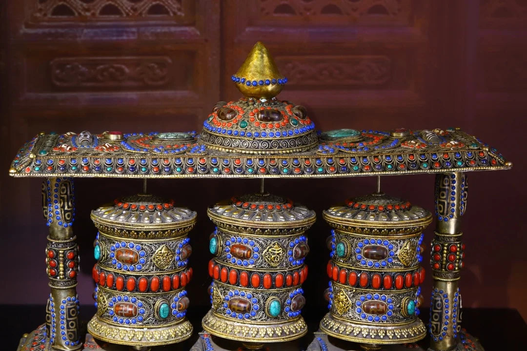 18"Tibetan Temple Collection Old Tibetan silver mosaic Gem Dzi Bead Three layers Prayer Wheel Chanting Buddhist artifact Town Ho