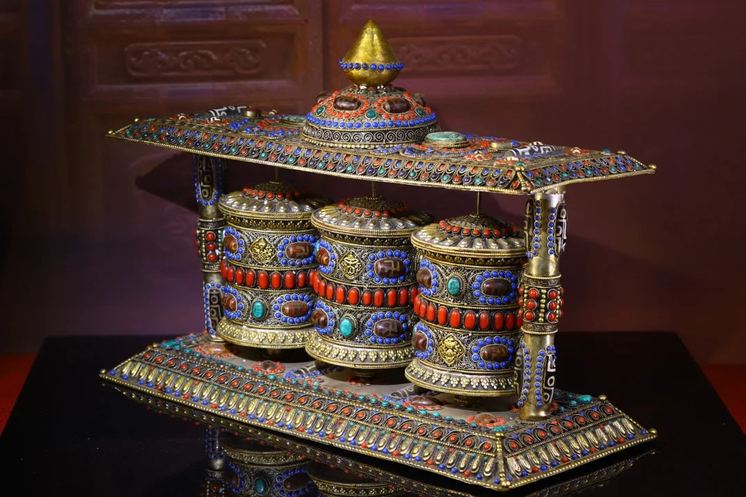 18"Tibetan Temple Collection Old Tibetan silver mosaic Gem Dzi Bead Three layers Prayer Wheel Chanting Buddhist artifact Town Ho
