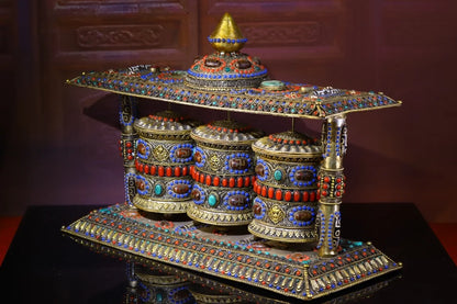 18"Tibetan Temple Collection Old Tibetan silver mosaic Gem Dzi Bead Three layers Prayer Wheel Chanting Buddhist artifact Town Ho