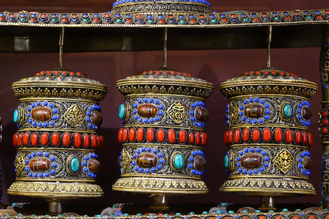 18"Tibetan Temple Collection Old Tibetan silver mosaic Gem Dzi Bead Three layers Prayer Wheel Chanting Buddhist artifact Town Ho