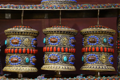 18"Tibetan Temple Collection Old Tibetan silver mosaic Gem Dzi Bead Three layers Prayer Wheel Chanting Buddhist artifact Town Ho