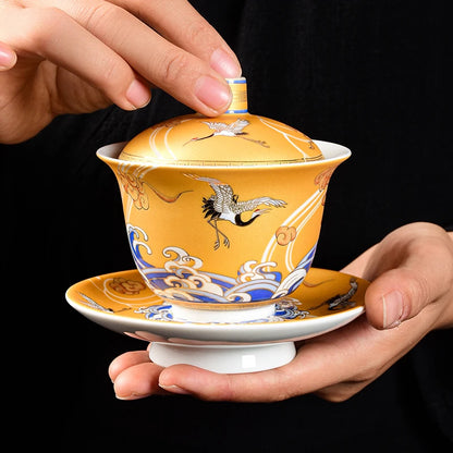 180ml Boutique Enamel Ceramic Gaiwan Teacup Hand Painted Crane Pattern Tea Bowl Chinese Porcelain Teaware Drinkware Personal Cup