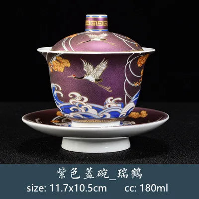 180ml Boutique Enamel Ceramic Gaiwan Teacup Hand Painted Crane Pattern Tea Bowl Chinese Porcelain Teaware Drinkware Personal Cup