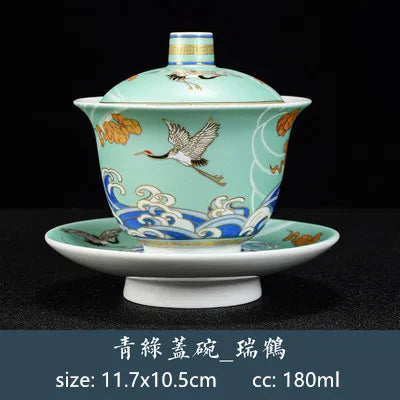 180ml Boutique Enamel Ceramic Gaiwan Teacup Hand Painted Crane Pattern Tea Bowl Chinese Porcelain Teaware Drinkware Personal Cup