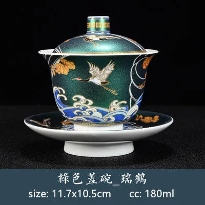 180ml Boutique Enamel Ceramic Gaiwan Teacup Hand Painted Crane Pattern Tea Bowl Chinese Porcelain Teaware Drinkware Personal Cup