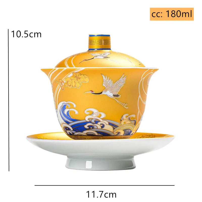 180ml Boutique Enamel Ceramic Gaiwan Teacup Hand Painted Crane Pattern Tea Bowl Chinese Porcelain Teaware Drinkware Personal Cup