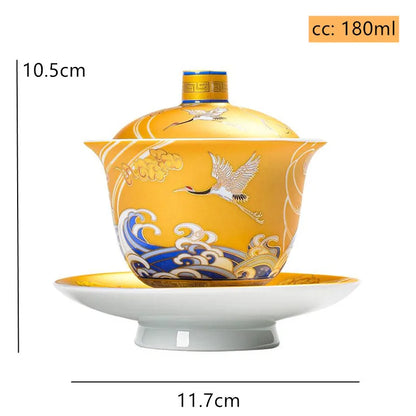 180ml Boutique Enamel Ceramic Gaiwan Teacup Hand Painted Crane Pattern Tea Bowl Chinese Porcelain Teaware Drinkware Personal Cup