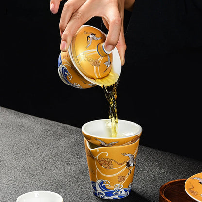 180ml Boutique Enamel Ceramic Gaiwan Teacup Hand Painted Crane Pattern Tea Bowl Chinese Porcelain Teaware Drinkware Personal Cup