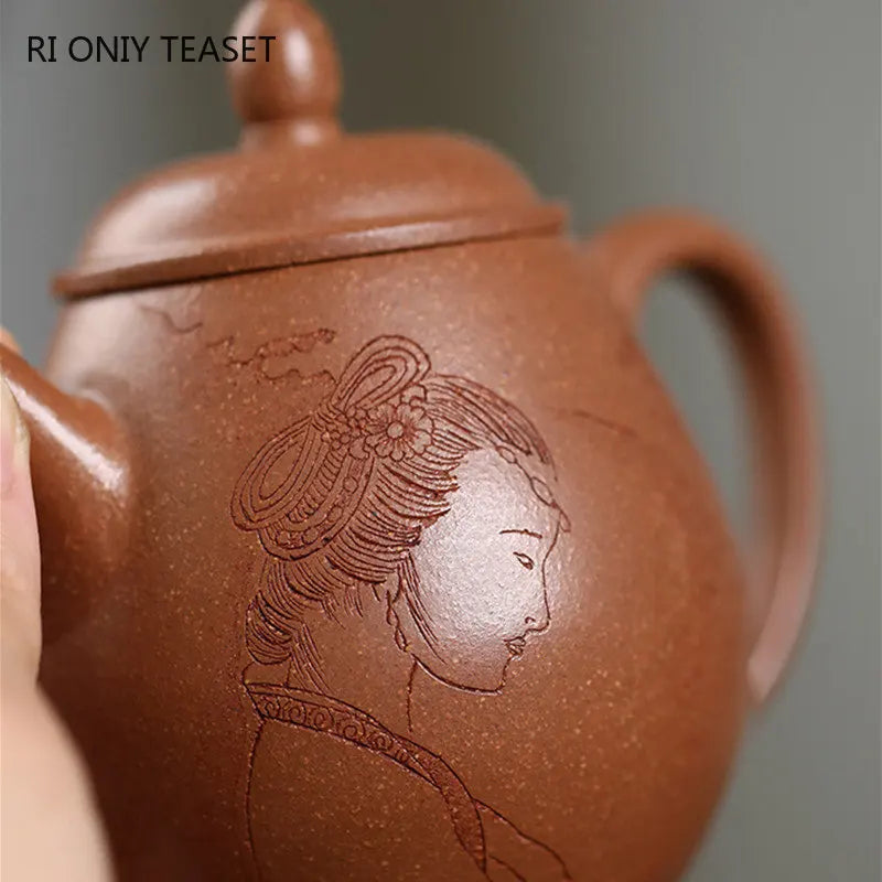 180ml Chinese Yixing Handmade Purple Clay Teapots Famous Artists Hand-carved Figure Pattern Tea Pot Beauty Kettle Zisha Tea Set