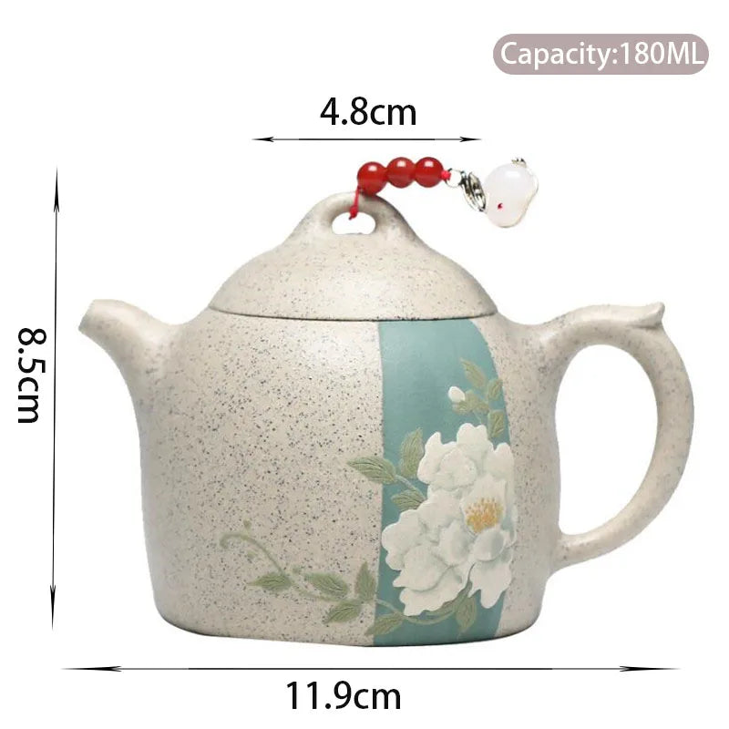 180ml Chinese Yixing Purple Clay Teapot Authentic Handmade Mud-painted Peony Pattern Tea Pot Kettle Famous Artists Zisha Tea Set
