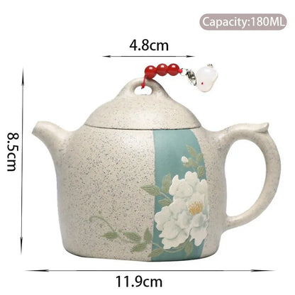 180ml Chinese Yixing Purple Clay Teapot Authentic Handmade Mud-painted Peony Pattern Tea Pot Kettle Famous Artists Zisha Tea Set