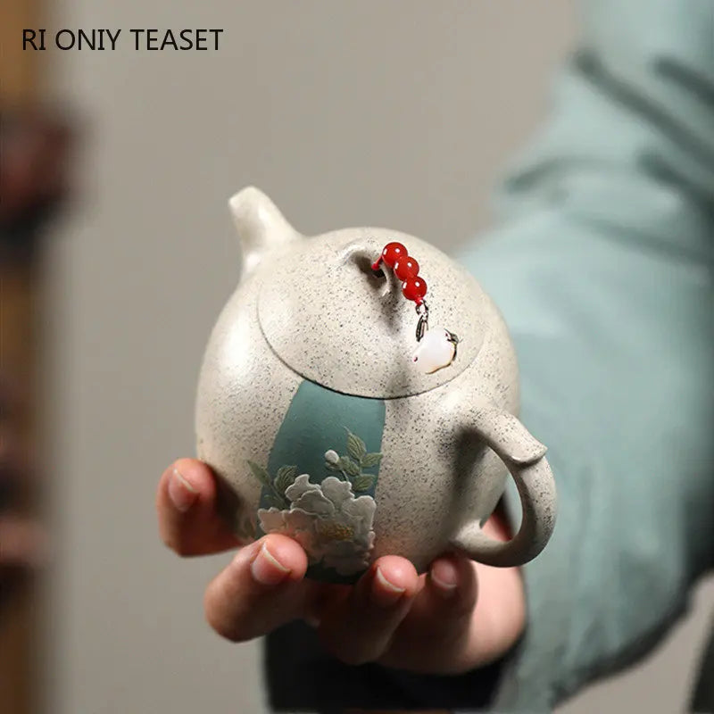 180ml Chinese Yixing Purple Clay Teapot Authentic Handmade Mud-painted Peony Pattern Tea Pot Kettle Famous Artists Zisha Tea Set