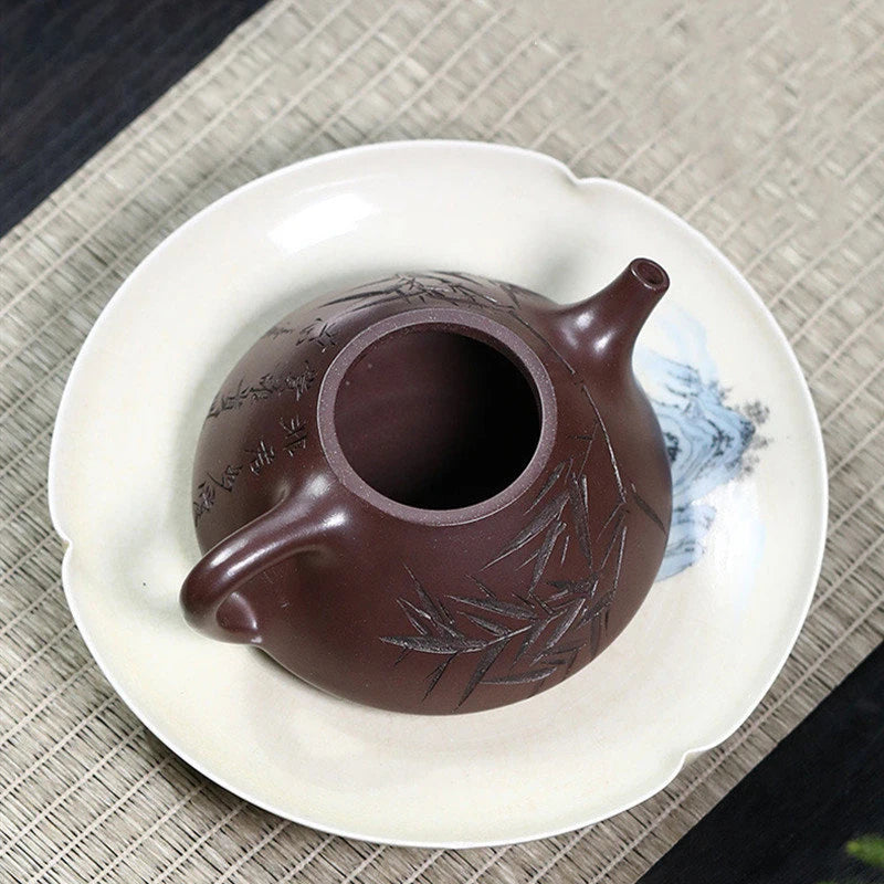 180ml Yixing Famous Artists Purple Clay Teapots Handmade Bamboo Leaf Pattern Tea Pot Kettle Chinese Authentic Zisha Tea Set