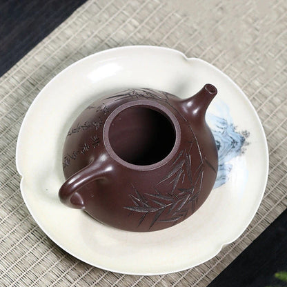 180ml Yixing Famous Artists Purple Clay Teapots Handmade Bamboo Leaf Pattern Tea Pot Kettle Chinese Authentic Zisha Tea Set