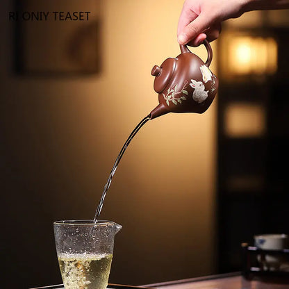 180ml Yixing Famous Purple Clay Teapots Handmade Jade Rabbit Pattern Tea Pot Raw Ore Purple Zhu Mud Kettle Chinese Zisha Tea Set