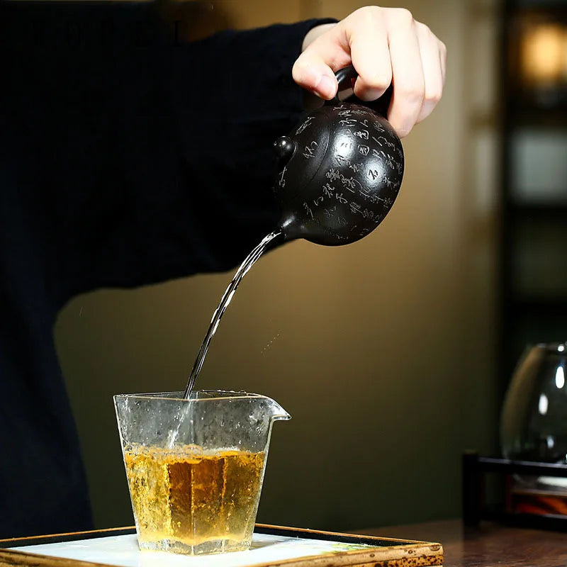 180ml Yixing Purple Clay Xishi Teapot Master Hand-carved Heart Sutra Tea Pot Raw Ore Handmade Kettle Chinese Zisha Tea Set