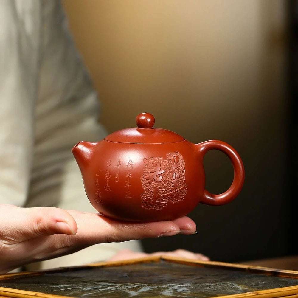 180ml full handmade tea pot marked Chinese character carved embossed xishi true yixing zisha dahongpao clay master made on sales