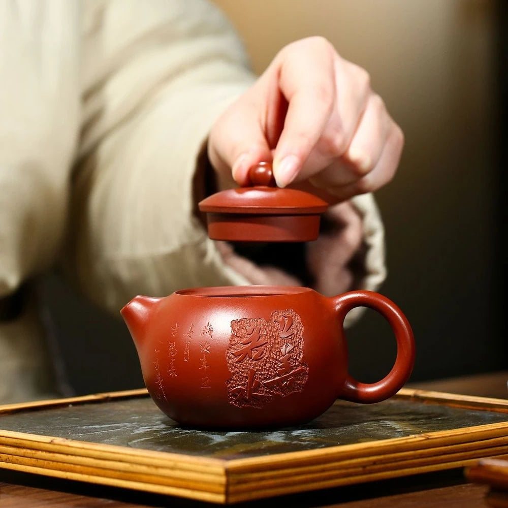 180ml full handmade tea pot marked Chinese character carved embossed xishi true yixing zisha dahongpao clay master made on sales