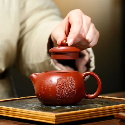 180ml full handmade tea pot marked Chinese character carved embossed xishi true yixing zisha dahongpao clay master made on sales