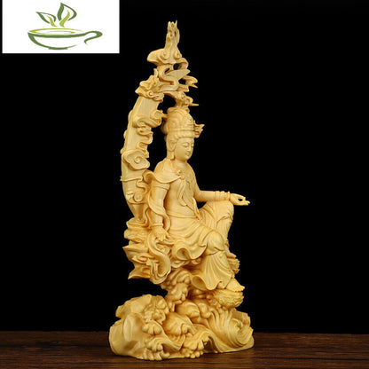 Office Guanyin Kwan-yin Figure Buddha Statue Boxwood Craft Sculpture
