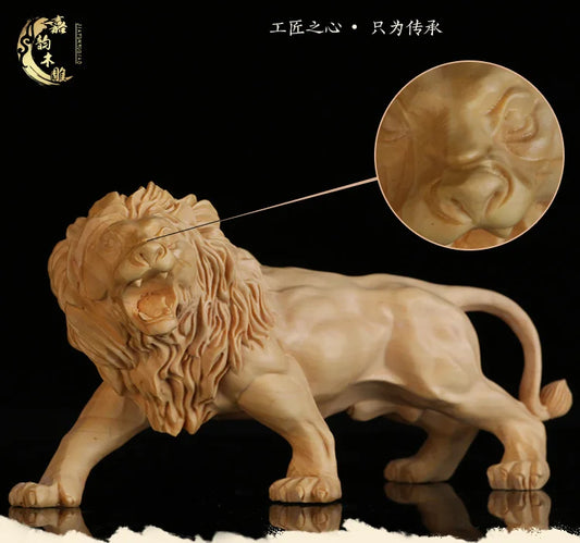 18CM large GOOD TOP COOL HOME OFFICE Spiritual efficacious Mascot  Mighty lion Boxwood Handmade carving art statue