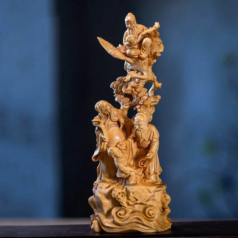 18cm Cypress Wood Buddha Statue Fu Lu Shou Sculpture Three Stars Blessing Home Decor Statue Crafts