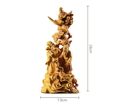 18cm Cypress Wood Buddha Statue Fu Lu Shou Sculpture Three Stars Blessing Home Decor Statue Crafts