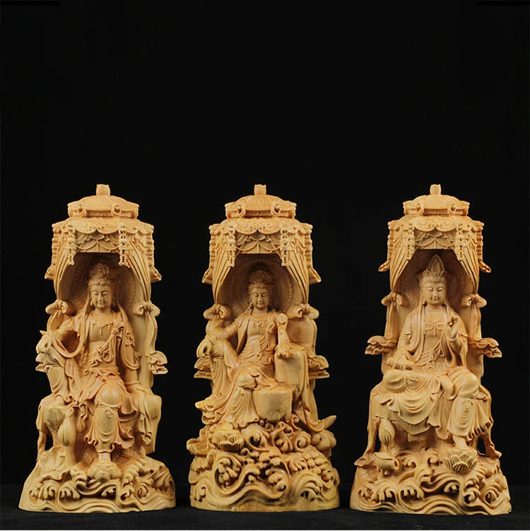18cm Delicate Western Three Buddhas Wood Sculpture Well Buddha Folk Statue Hand Carved Miniature Tree Home Decors