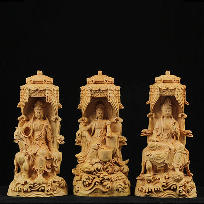 18cm Delicate Western Three Buddhas Wood Sculpture Well Buddha Folk Statue Hand Carved Miniature Tree Home Decors