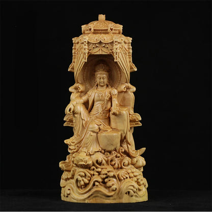 18cm Delicate Western Three Buddhas Wood Sculpture Well Buddha Folk Statue Hand Carved Miniature Tree Home Decors