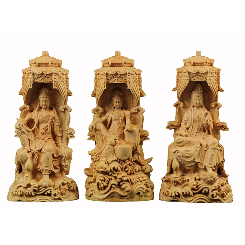 18cm Delicate Western Three Buddhas Wood Sculpture Well Buddha Folk Statue Hand Carved Miniature Tree Home Decors