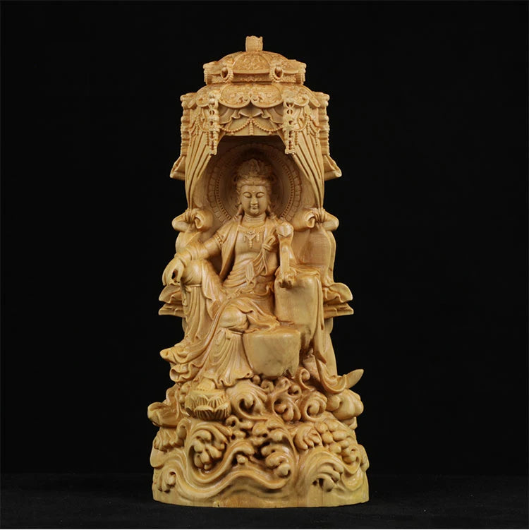 18cm Delicate Western Three Buddhas Wood Sculpture Well Buddha Folk Statue Hand Carved Miniature Tree Home Decors