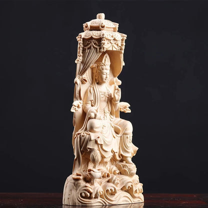 18cm Guanyin Sculpture Wood Buddha Statue Feng Shui Guan Yin Worship Healthy Lucky Home Decor