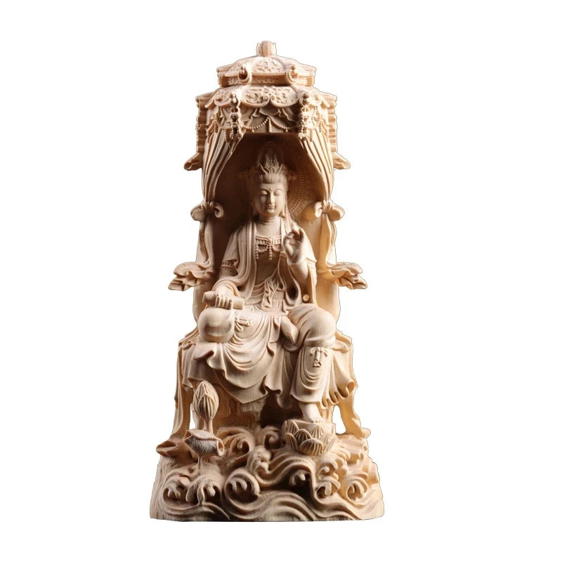 18cm Guanyin Sculpture Wood Buddha Statue Feng Shui Guan Yin Worship Healthy Lucky Home Decor