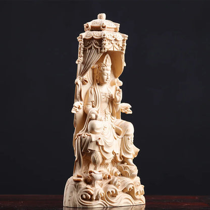 18cm Guanyin Sculpture Wood Buddha Statue Feng Shui Guan Yin Worship Healthy Lucky Home Decor